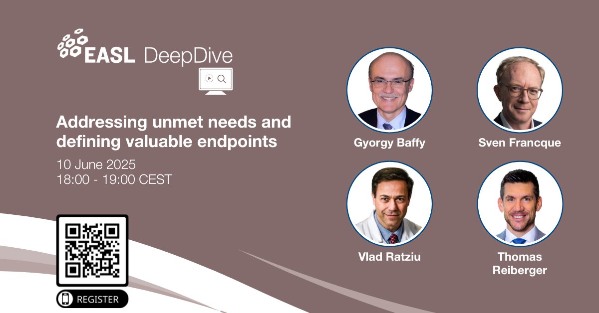 EASL Education (@easledu) on Twitter photo Join experts to explore pathophysiology, clinical gaps, endpoints & emerging therapies in #MASLD in cirrhosis. 📅 Live Tuesday, 10 May | 18:00 CEST
✒️Register here: easl-eu.zoom.us/webinar/regist…
@EASLNews <a href="/gbaffy/">Gyorgy Baffy</a> <a href="/FrancqueSven/">Sven Francque</a> <a href="/ReibergerThomas/">Thomas Reiberger</a>
#EASLDeepdive #LiverX Join experts to explore pathophysiology, clinical gaps, endpoints & emerging therapies in #MASLD in cirrhosis. 📅 Live Tuesday, 10 May | 18:00 CEST
✒️Register here: easl-eu.zoom.us/webinar/regist…
@EASLNews <a href="/gbaffy/">Gyorgy Baffy</a> <a href="/FrancqueSven/">Sven Francque</a> <a href="/ReibergerThomas/">Thomas Reiberger</a>
#EASLDeepdive #LiverX