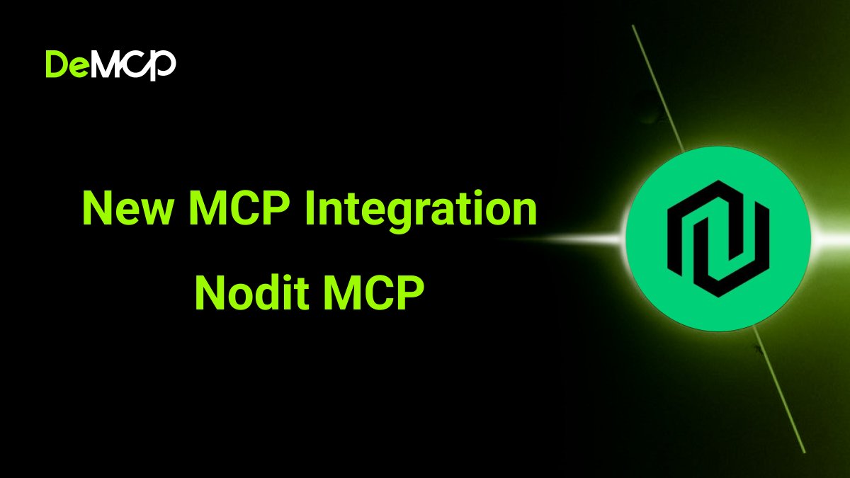 DeMCP (@demcp_ai) on Twitter photo 🎉New MCP Server Integration powered by Nodit <a href="/NoditPlatform/">NODIT l Get Started For Free 💻</a>
This server was developed by <a href="/NoditPlatform/">NODIT l Get Started For Free 💻</a> official team and provides the following capabilities:
1⃣Access blockchain node endpoints through Nodit's professionally operated infrastructure.
2⃣High-level APIs for 🎉New MCP Server Integration powered by Nodit <a href="/NoditPlatform/">NODIT l Get Started For Free 💻</a>
This server was developed by <a href="/NoditPlatform/">NODIT l Get Started For Free 💻</a> official team and provides the following capabilities:
1⃣Access blockchain node endpoints through Nodit's professionally operated infrastructure.
2⃣High-level APIs for