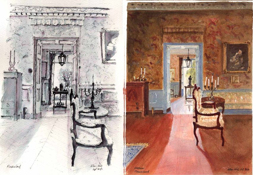 Chateau Massoulard, Pen and ink sketch using fineliner and elegantwriter caligraphy pen  and acrylic painting #thedailysketch #bigartboost #sketchbook #sketch #urbansketcher #urbansketchers #usk #draw365 #drawing #acrylic #painting #artoftheday #acrylicpainting #artchallenge