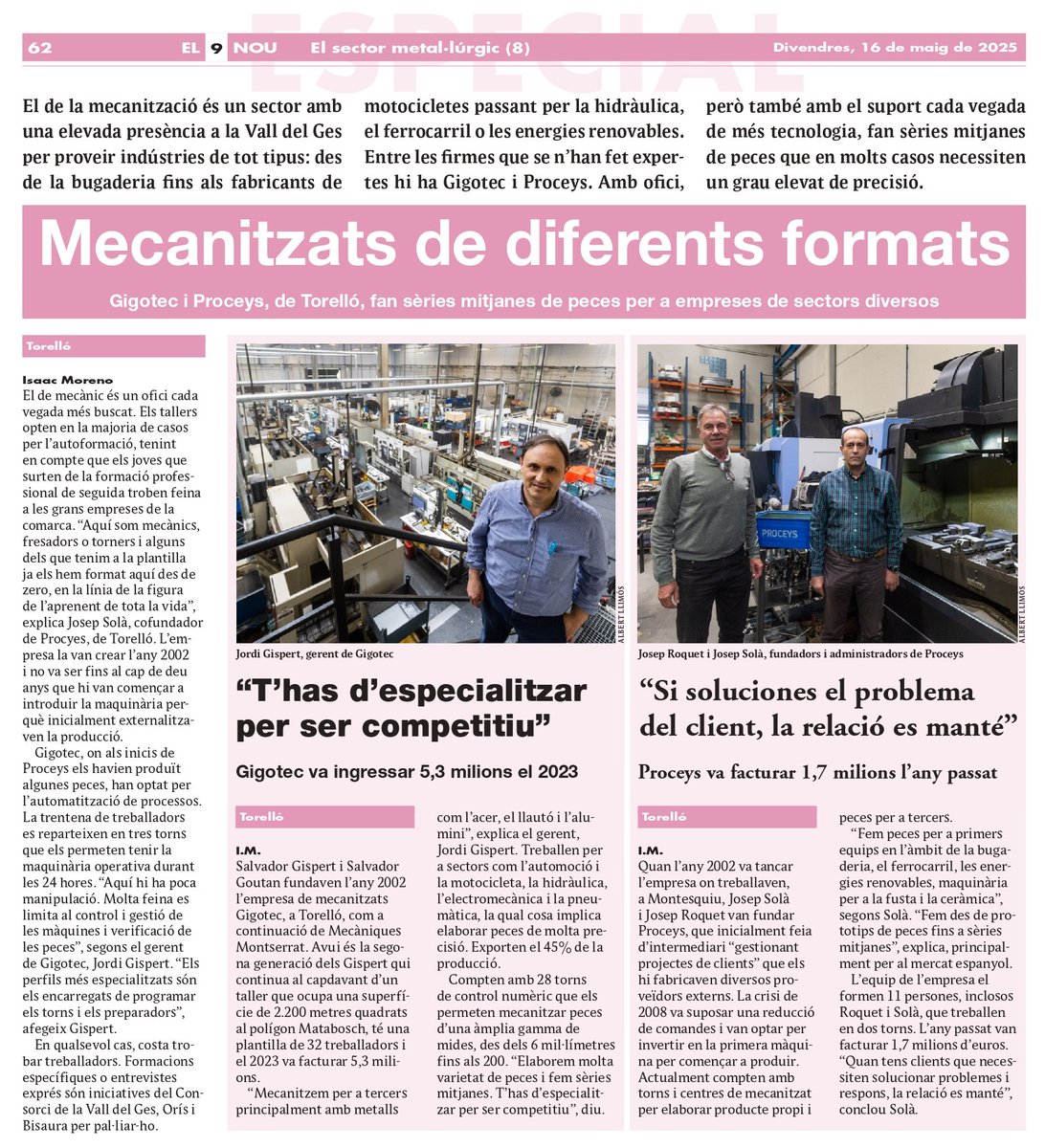 Indústria metal.lúrgica de la Vall del Ges, Orís i Bisaura a El 9 Nou. Aquest mes les empreses: Gigotec i Proceys