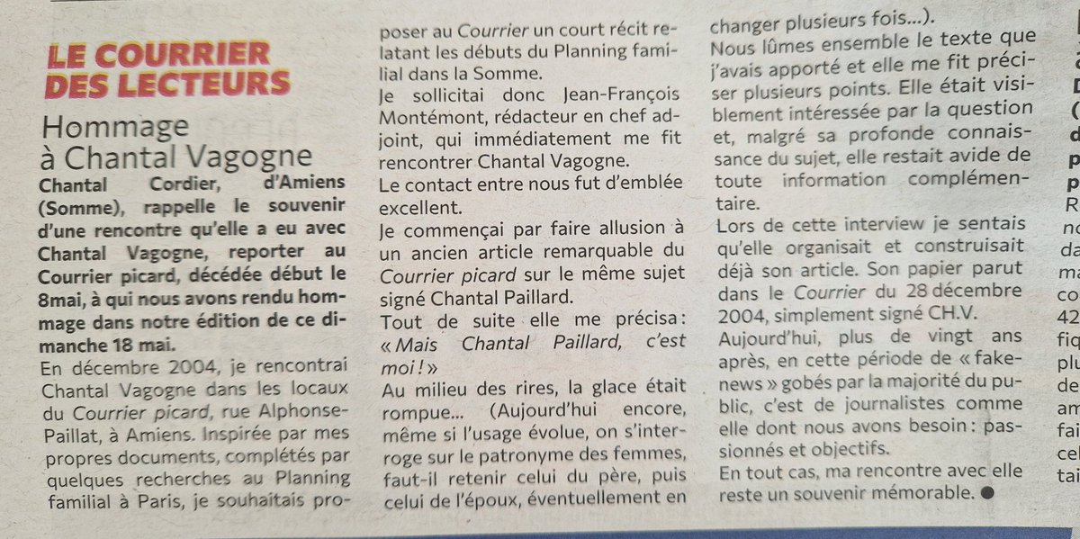 Chantal Vagogne, ancienne reporter au Courrier picard, n'est plus. Elle vient de recevoir le plus beau des hommages de la part d'une lectrice, croisée à l'occasion d'un reportage.