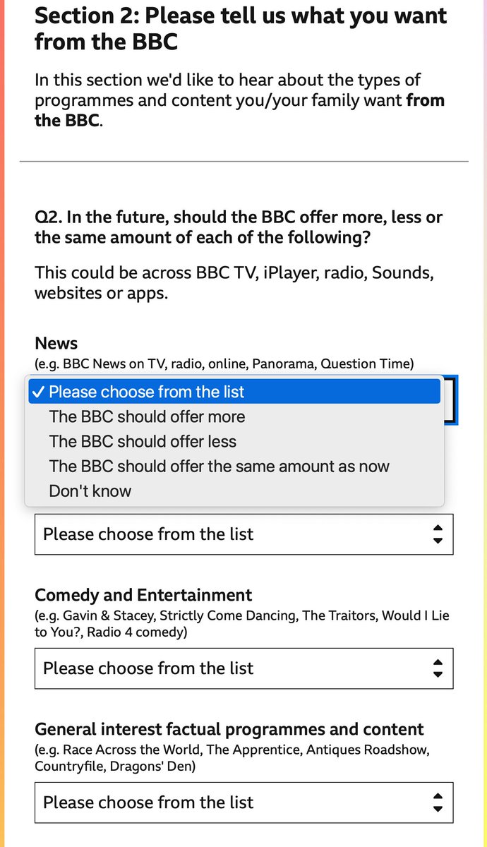 How £££ this survey <a href="/BBC/">BBC</a> ?
1/ Astonishingly,  family members consume different genres and  have different opinions so this is an impossible questionnaire
2/ 'News' category includes things I love and things I loathe (yes, YOU, QT) How can I choose between more/ less/same?
