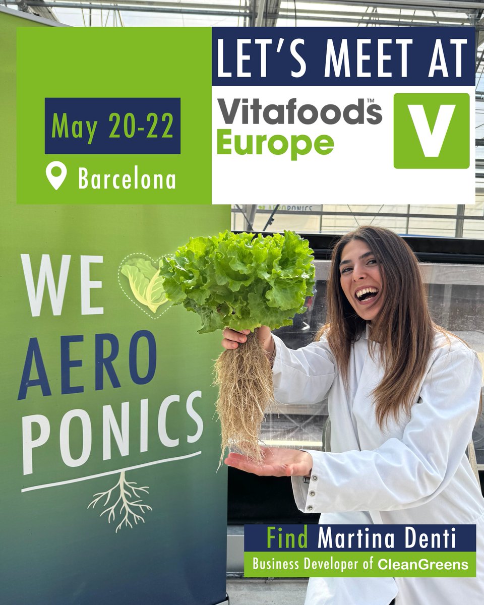 🔍TOMORROW: Would you like to learn more about the Swiss modern farming technology that's building the world’s largest AEROponic greenhouse? See you tomorrow at <a href="/Vitafoods_/">Vitafoods</a> Barcelona! 
✨ Meet our Business Developer there! martina.denti@cleangreens.ch​
#vitafoodseurope
