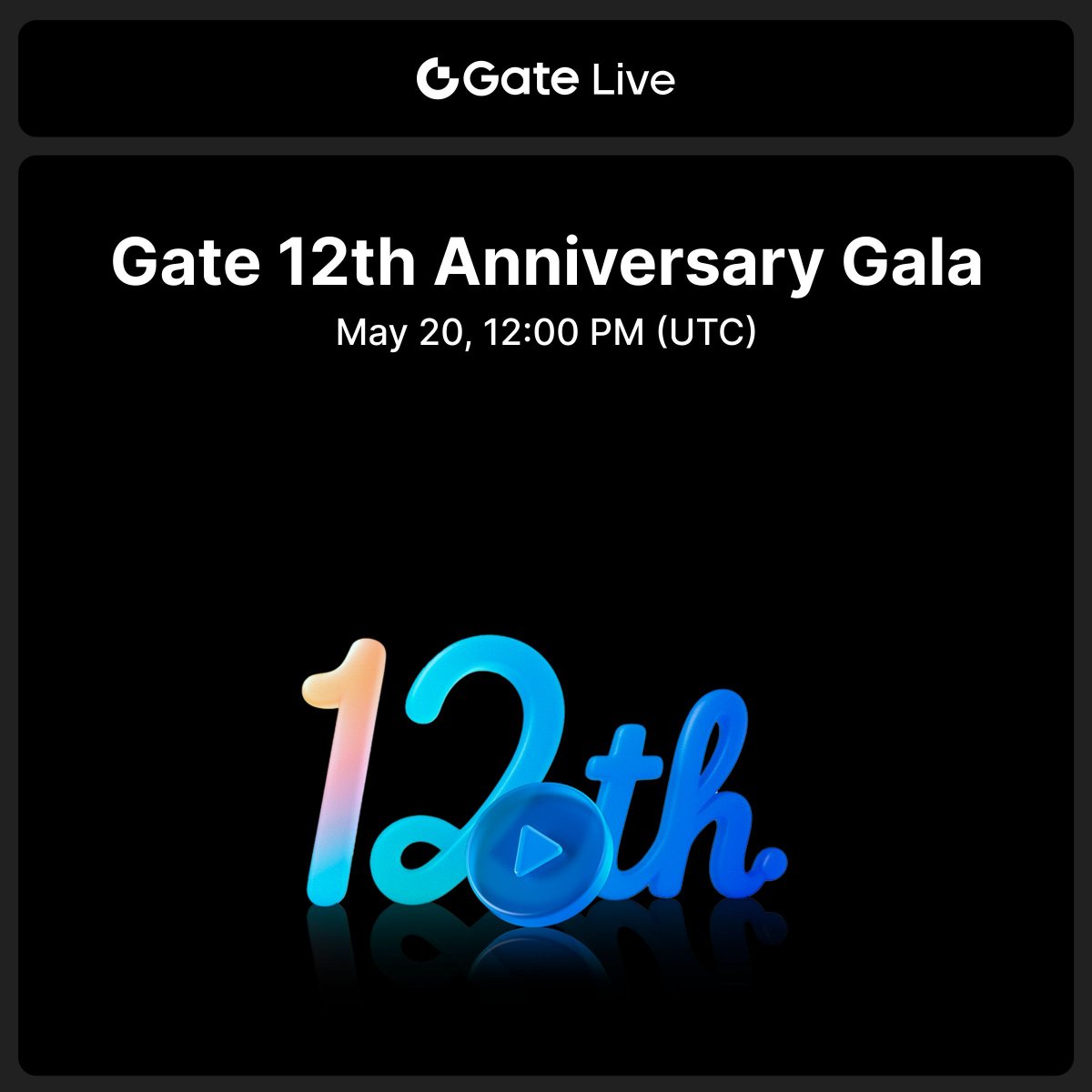 🎉 12 years with you — join the #Gate Anniversary Gala and celebrate together!

🎁 Lucky draw — 5 * $5 prize drops!
✅ Follow <a href="/GateioLive/">Live</a>
✅ RT &amp; tag 3 friends
✅ Watch Live: gate.io/live/video/7a3…

Ends May 20 13:00 UTC – Don't miss out!