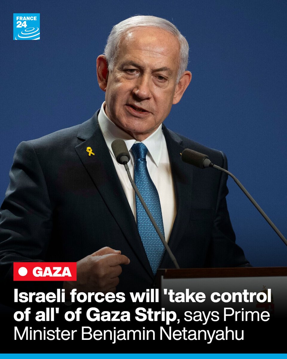🔴 🇮🇱 🇵🇸 Israel's Prime Minister Benjamin #Netanyahu said on Monday that #Israel would "take control of all" of #Gaza after the former pledged Sunday to allow a "basic" amount of food into the #Palestinian enclave.

Follow our #liveblog ➡️ go.france24.com/Iuq