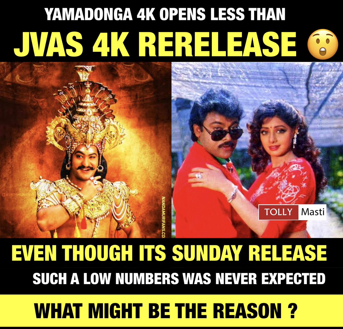 tollymasti's tweet image. What’s the Reason ??? 

#JagadekaVeeruduAtilokaSundari #JVAS #Chiranjeevi #JrNtr #Yamadonga4K