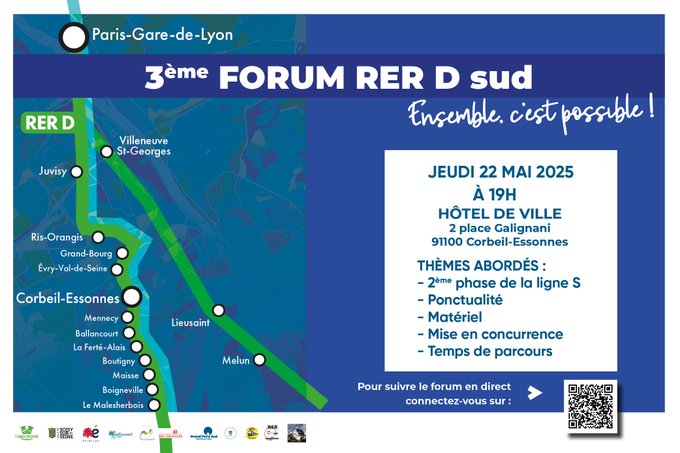 RERDcoupe's tweet image. 🔍 Envie de comprendre la suite pour la ligne S et les enjeux du RER D sud? Le 3e FORUM c'est le 22 mai à 19h à Corbeil-Essonnes ! Au programme : ligne S, ponctualité, matériel... Venez nombreux ! #RERD #LigneS #Ponctualité #Transports