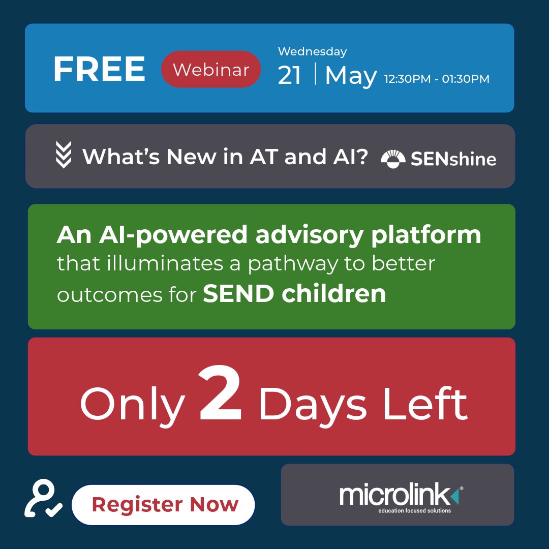 MicrolinkE's tweet photo. Last call for our next webinar ‘What’s New in AI and AT?’ 📢
our Co-Head of Education, Marius Frank, and Ben Holt, CEO of SENshine will explore the opportunities that #AI, and #AssistiveTechnology can provide to #neurodivergent students in #education.
https://t.co/2OkW8Ze9oK https://t.co/STb6Ay4T9B