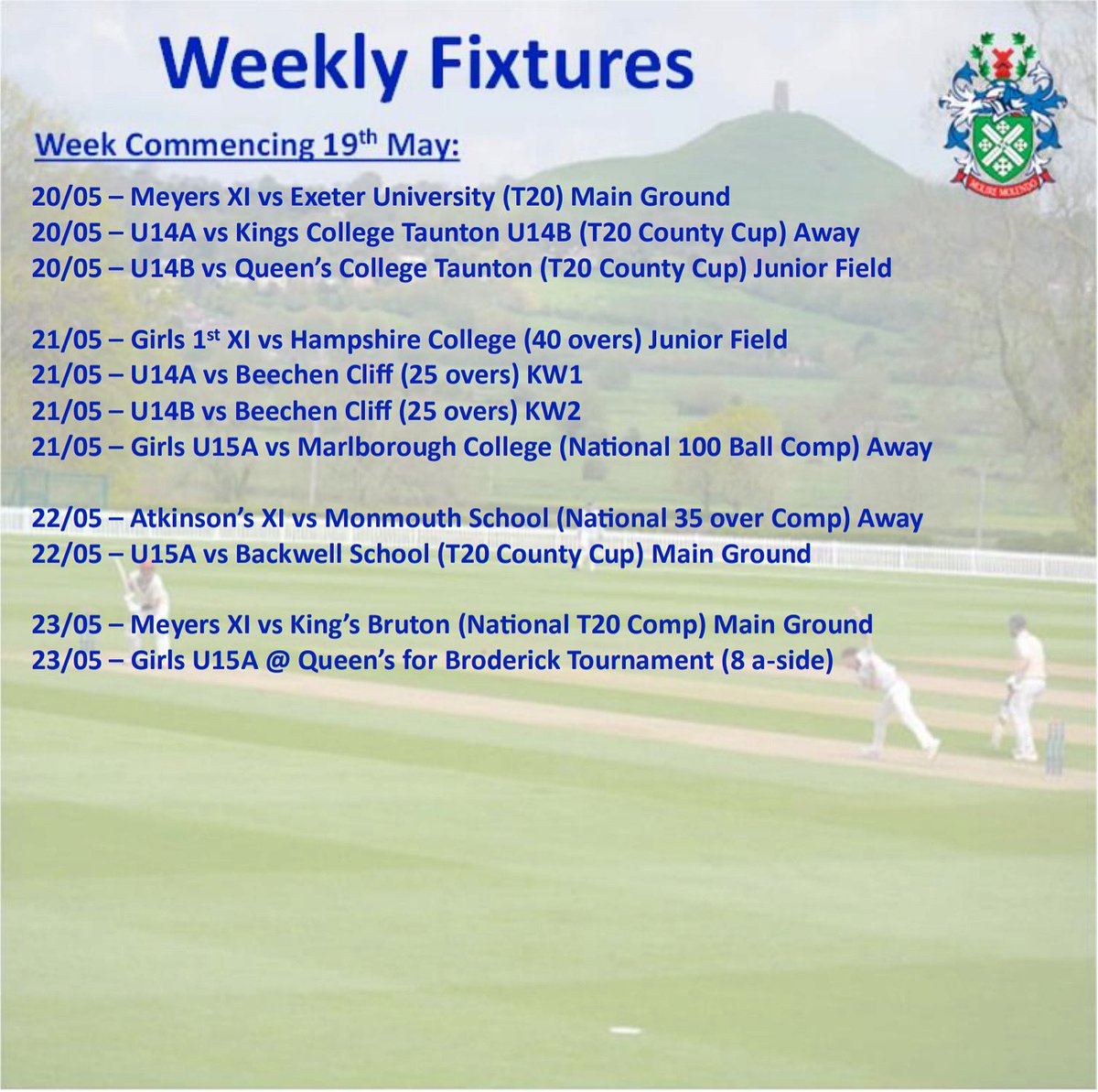 Final weekly fixtures of the half term:

Plenty of cup fixtures, with the Meyers XI starting there T20 competition against Kings Bruton. Also, the Atkinson’s XI have moved into the 3rd round after an impressive win over Kings🔥

One last push before a well earned rest👏 #Cricket