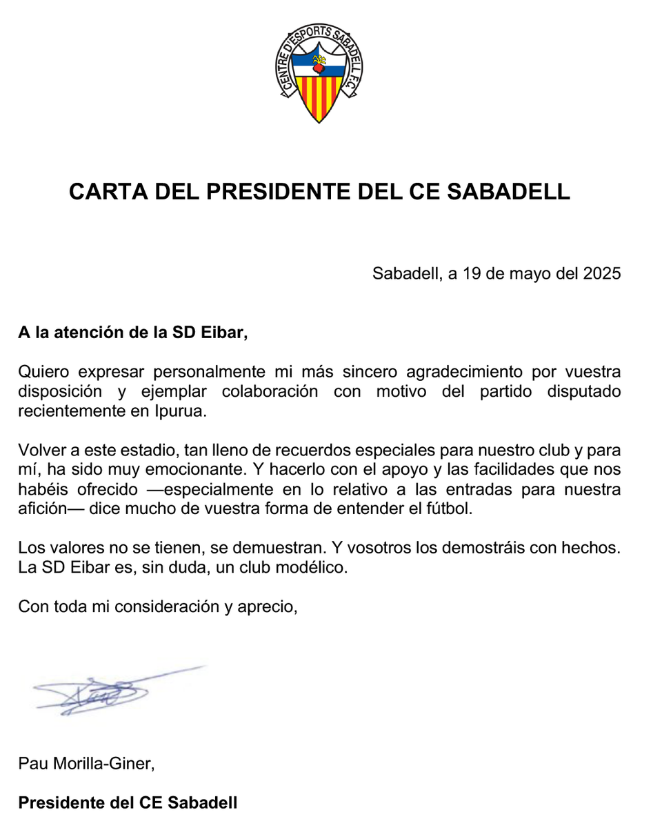 ✍🏻 𝗖𝗮𝗿𝘁𝗮 𝗱𝗲 𝗣𝗮𝘂 𝗠𝗼𝗿𝗶𝗹𝗹𝗮-𝗚𝗶𝗻𝗲𝗿, 𝗽𝗿𝗲𝘀𝗶𝗱𝗲𝗻𝘁 𝗱𝗲𝗹 𝗖𝗘 𝗦𝗮𝗯𝗮𝗱𝗲𝗹𝗹, 𝗮 𝗹'𝗦𝗗 𝗘𝗶𝗯𝗮𝗿

🤝🏻 Mila esker denagatik, <a href="/SDEibar/">SD Eibar</a>!

#AMQM