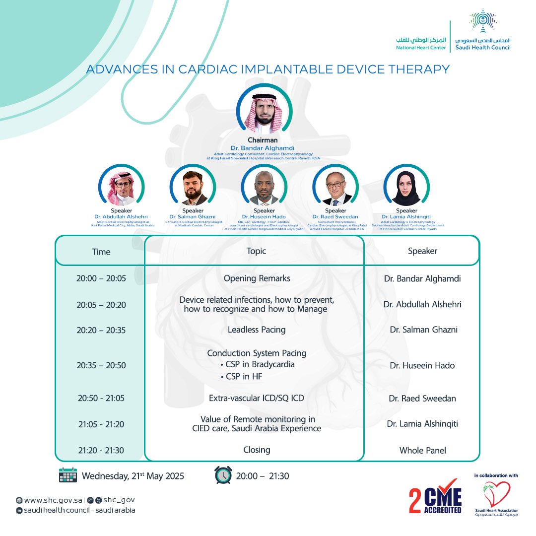 TheSaudiHeart's tweet image. ADVANCES IN CARDIAC IMPLANTABLE DEVICE THERAPY

📅 Wednesday, 21 May 2025
🕗 8:00 PM – 9:30 PM (KSA Time)
💻 Live Online Webinar

🔸 Accredited with 2 CME Hours
🔗 Register now at: kr.net.sa/advances-in-ca…

#Cardiology #CIED #HeartDevices #MedicalWebinar #SHC #SaudiHeart #CME
