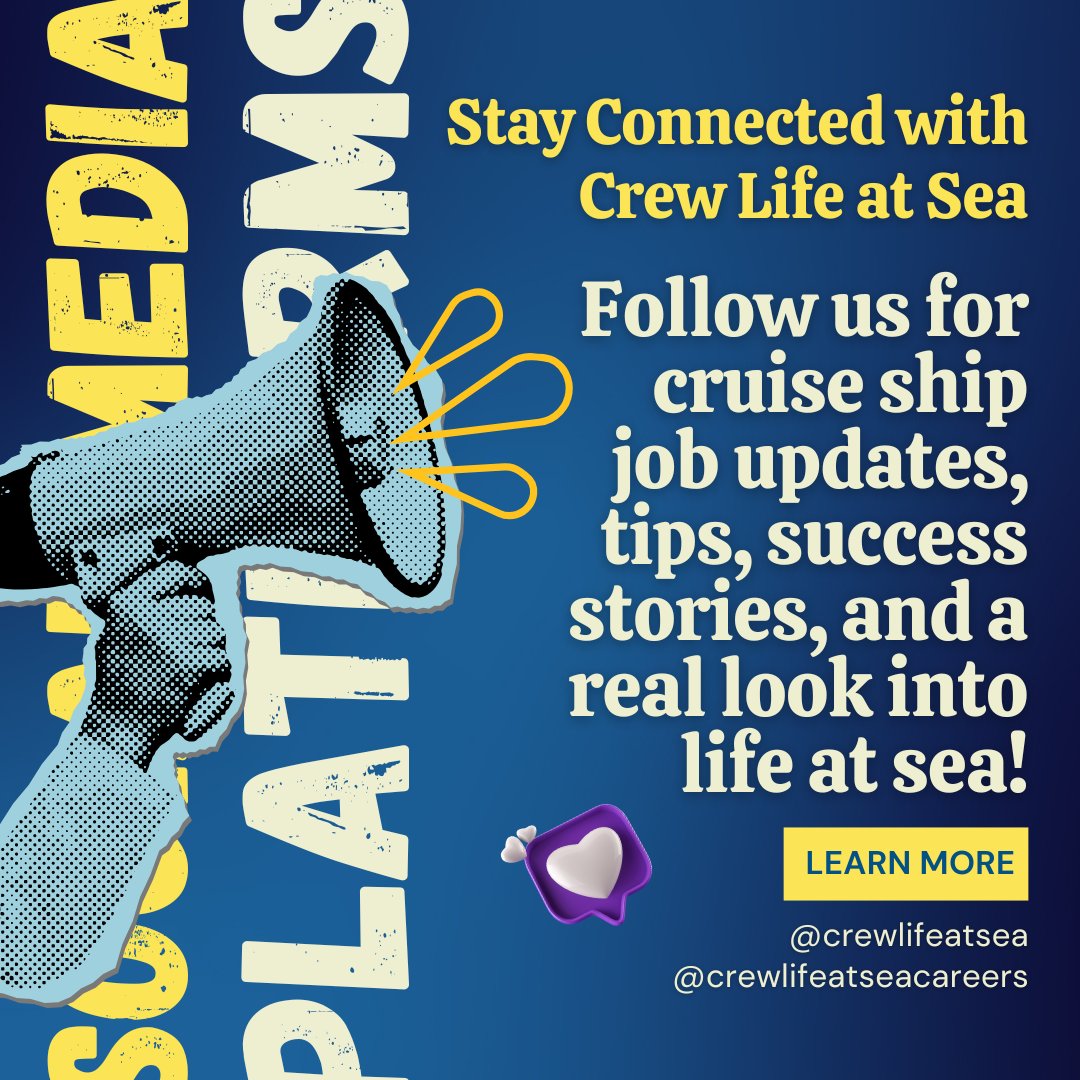 🌐 Want to work on a cruise ship? Let’s make it happen — together!

 Follow us across all platforms to stay updated on the latest job openings, crew tips, behind-the-scenes moments, and real stories from life at sea.