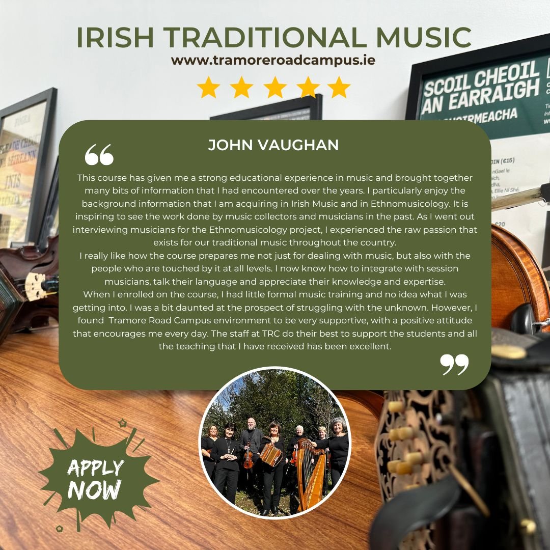 This course has given me a strong educational experience in music .The staff at TRC do their best to support the students and all the teaching that I have received has been excellent.

John Vaughan - Graduate