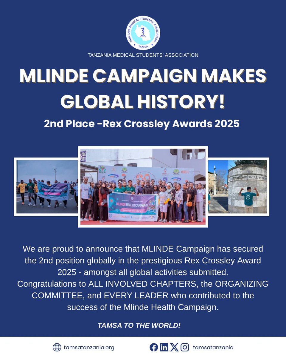 Celebrating a historic milestone! TAMSA's MLINDE Campaign clinches 2nd place globally at the Rex Crossley Awards 2025, a testament to the dedication of our chapters, organizing committee, and leaders. #TAMSAToTheWorld