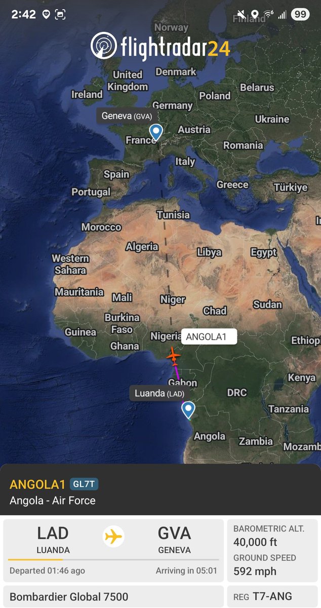 Borrowed7Time's tweet photo. Angola Govt Global 7500 T7-ANG #5003EB as ANGOLA1 en route from Luanda to Geneva. Callsign indicates a Presidential flight.
@sipjack1776 @Dinlas3 https://t.co/y97A8p5vw3