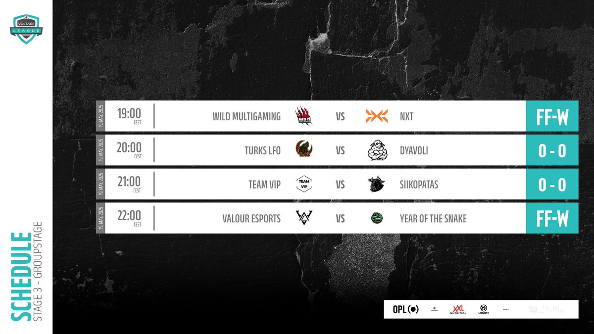 Voltage League (@leaguevoltage) on Twitter photo Schedule for the last Groupstage Playday⚔️
With 2 matches will play today becouse of 2 FF games we have left:
<a href="/R6Turks/">Turks</a> 🆚 #Dyavoli
<a href="/TeamVIPR6/">Team VIP</a> 🆚 #Siikopatas
💻Producer: <a href="/rouwen2000/">rouwen_2000 | NXT</a>
👀Observer: <a href="/TheUnamedGamer/">TheUnamedGamer</a>
🎙️Casters: <a href="/AmgunsPC/">Amguns</a> & <a href="/ItsTraviiiii/">Traviiiii</a>
Tune in at 19:45 CEST Schedule for the last Groupstage Playday⚔️
With 2 matches will play today becouse of 2 FF games we have left:
<a href="/R6Turks/">Turks</a> 🆚 #Dyavoli
<a href="/TeamVIPR6/">Team VIP</a> 🆚 #Siikopatas
💻Producer: <a href="/rouwen2000/">rouwen_2000 | NXT</a>
👀Observer: <a href="/TheUnamedGamer/">TheUnamedGamer</a>
🎙️Casters: <a href="/AmgunsPC/">Amguns</a> & <a href="/ItsTraviiiii/">Traviiiii</a>
Tune in at 19:45 CEST