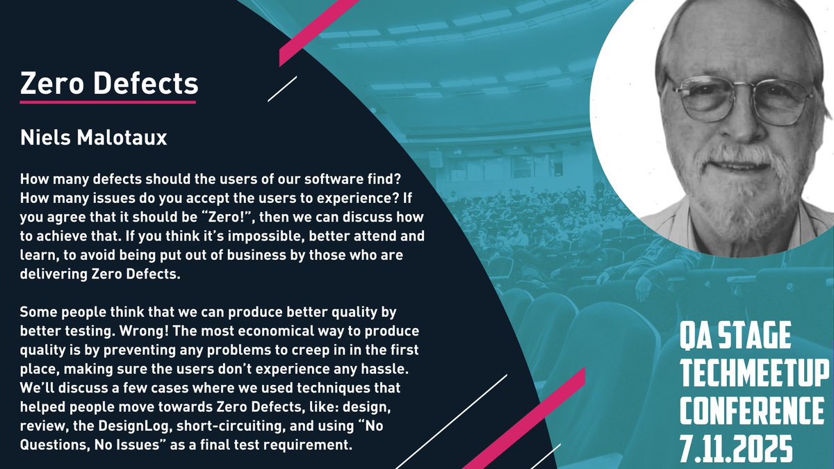 techmeetupcz's tweet photo. 'Zero Defects is often is dismissed as an impossible dream. My experience tells otherwise. It doesn’t mean “turning a switch and then we don’t produce bugs anymore”. What it does mean you will find out in this talk.'
Early Bird Tickets 990 CZK https://t.co/K78CUGA92U https://t.co/yOUyoRdXTW