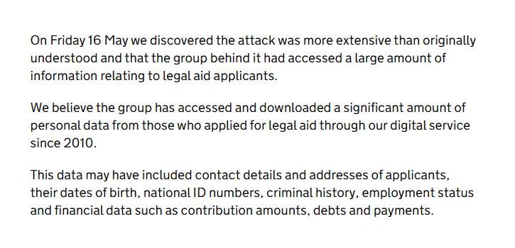 owenboswarva's tweet photo. Legal Aid Agency data breach https://t.co/RXBs5jS2Wk

Private data including criminal records stolen in Legal Aid hack https://t.co/HVhWHQtrBk

Lots of high profile #databreaches in the UK news recently but this one looks particularly horrendous.

#cybersecurity #dataprotection https://t.co/DAI3pelXnx