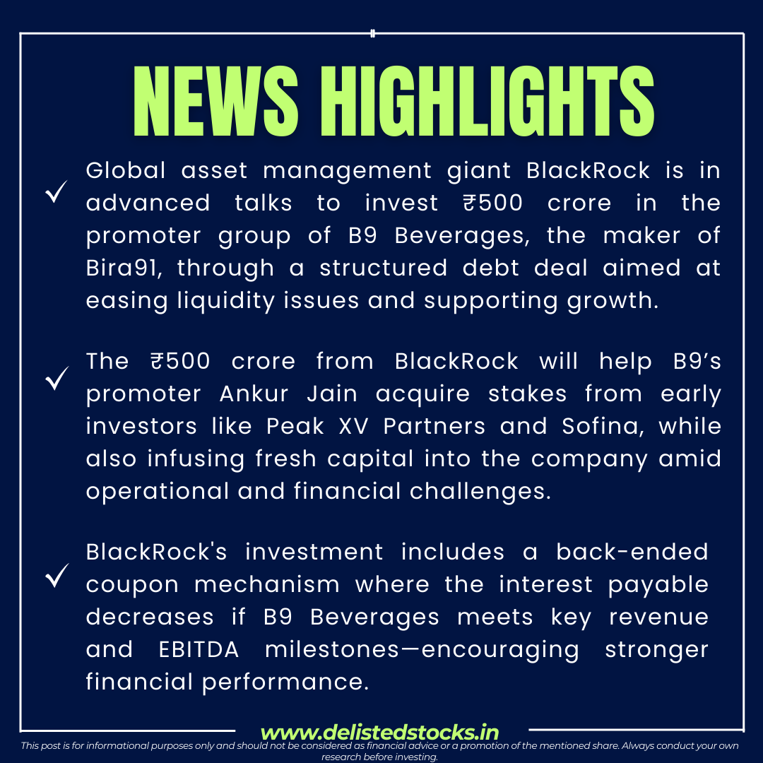 delisted_stocks's tweet photo. Cheers to a bold bet! ๐บ BlackRock to pour โน500 Cr into Bira91โs maker via performance-linked structured debt, fueling buybacks, fresh capital, and a turnaround strategy.
@BlackRock
#Bira91 #BlackRock #StructuredDebt #StartupFunding #BeverageIndustry #PrivateEquity #Business https://t.co/BUULet5PnB