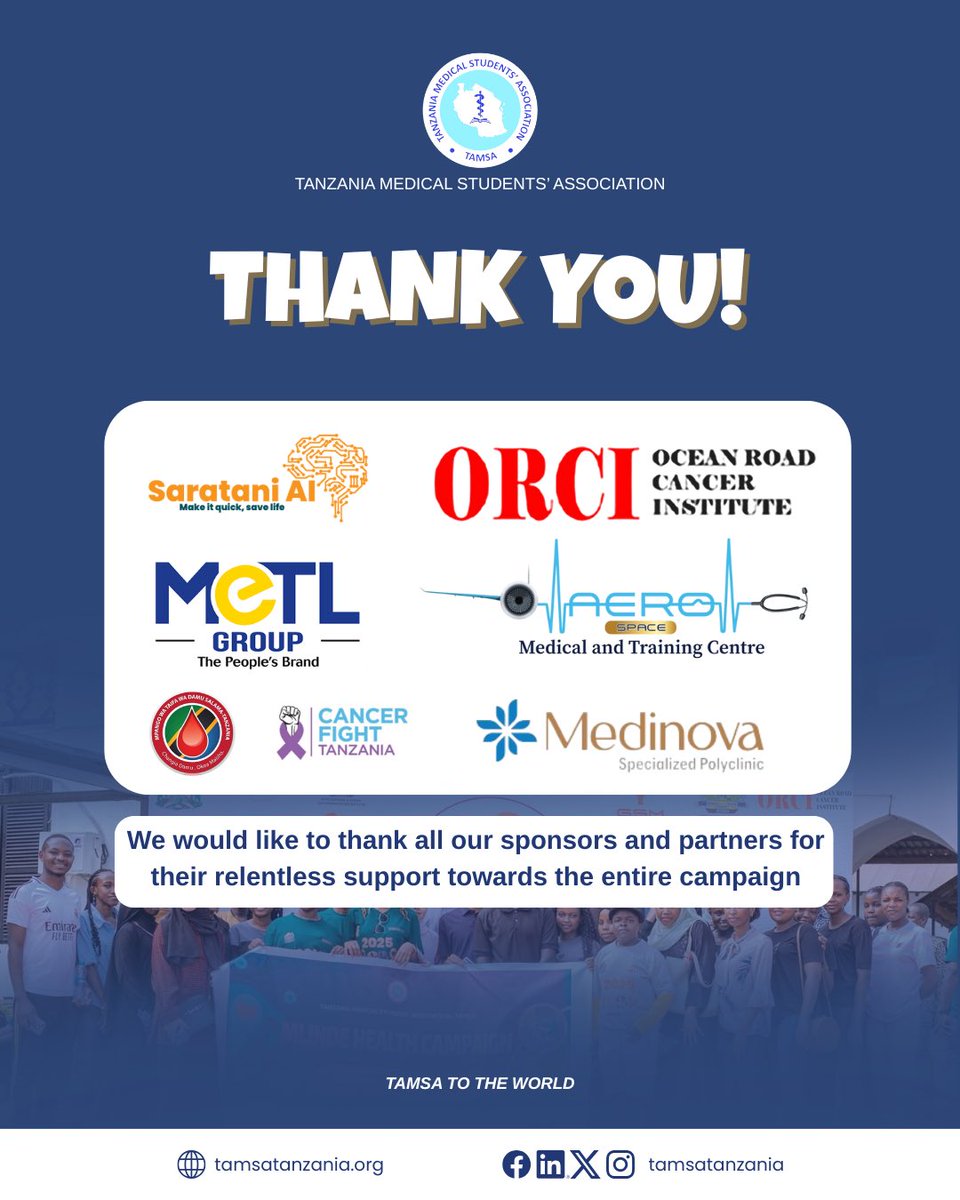 TAMSA Tanzania (@tamsatanzania) on Twitter photo TAMSA extends heartfelt gratitude to our valued sponsors for their unwavering support in advancing medical education and cancer awareness in Tanzania.
Special thanks to <a href="/sarataniAI/">SarataniAI</a> for being the core initiator of the campaign!
Together, we save lives! TAMSA extends heartfelt gratitude to our valued sponsors for their unwavering support in advancing medical education and cancer awareness in Tanzania.
Special thanks to <a href="/sarataniAI/">SarataniAI</a> for being the core initiator of the campaign!
Together, we save lives!
