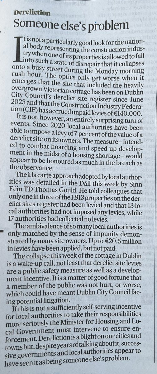 Excellent coverage of the #DerelictIreland issue in Saturday's <a href="/IrishTimes/">The Irish Times</a>. An editorial piece to go alongside a hard hitting <a href="/davidmcw/">David McWilliams</a> swipe at the real vandals, (thanks for the #Drogheda shout out), plus a slap for <a href="/CIF_Ireland/">Construction Industry Federation (CIF)</a> from Mark O'Connell.