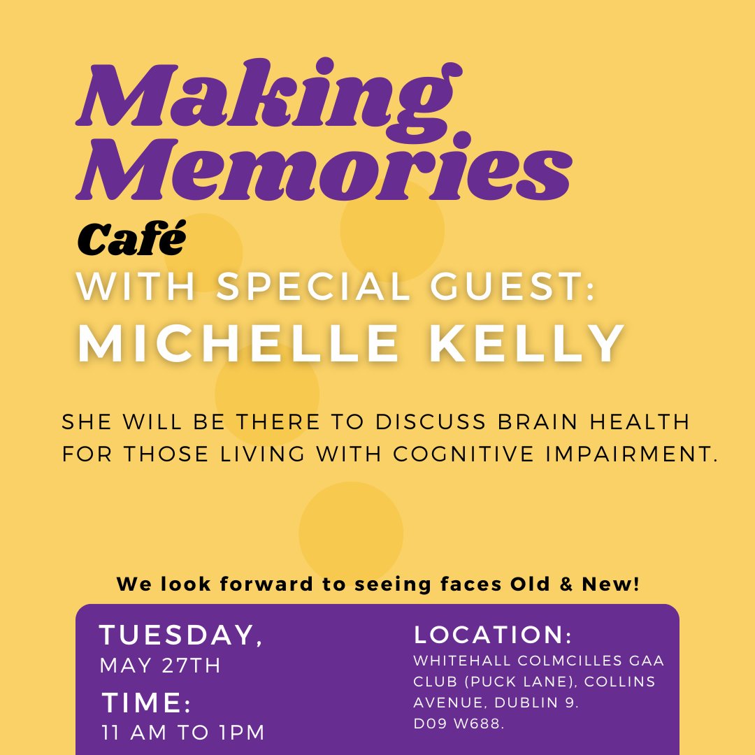 We are back this Tuesday, the 27th of May. 

This month, we have a special guest - Michelle Kelly! She will be there to discuss Brain Health for those living with cognitive impairment.

Looking forward to seeing you all!
#Cafe #Whitehall #AlzheimersIreland