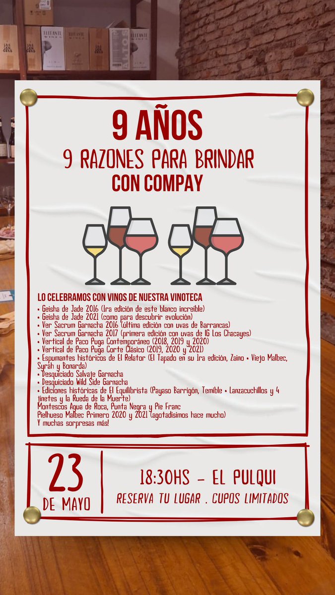 Cumplimos 9 años y festejamos fuerte!
Seleccionamos algunos vinos, de los emocionantes, de nuestra cava para compartirlos con ustedes. L@s esperamos!