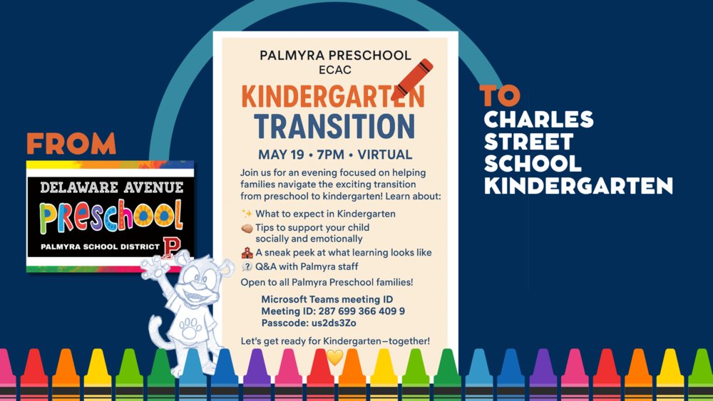 CharlesStSchool's tweet photo. REMINDER: PALMYRA PRESCHOOL ECAC (early childhood advisory) Presents: KINDERGARTEN Transition https://t.co/rgDCVi16Dj https://t.co/2j9qO5FjHE