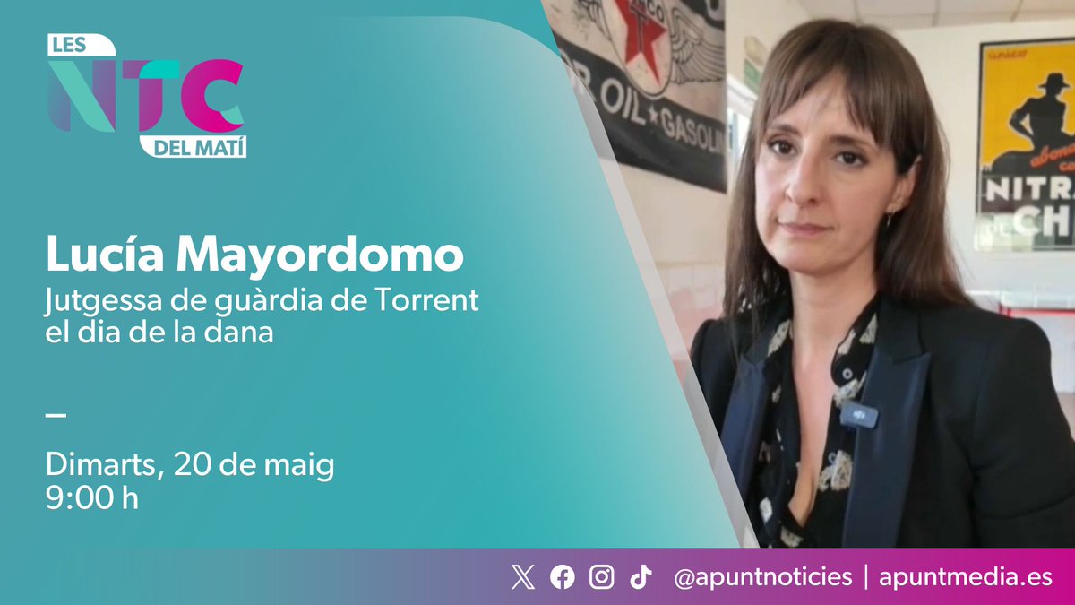 Les notícies del matí (@ntcdelmati) on Twitter photo 📡Dimarts entrevistem Lucía Mayordomo, titular del jutjat d'instrucció número 2 de Torrent, de guàrdia el dia de la dana.
🗣️Amb Álvaro Errazu i <a href="/HectrSanjuan/">Hèctor Sanjuan</a> en la tertúlia.
⏰09:00 h
📻web.apunt.es/RàdioEnDirecte
📺web.apunt.es/DirecteTV 📡Dimarts entrevistem Lucía Mayordomo, titular del jutjat d'instrucció número 2 de Torrent, de guàrdia el dia de la dana.
🗣️Amb Álvaro Errazu i <a href="/HectrSanjuan/">Hèctor Sanjuan</a> en la tertúlia.
⏰09:00 h
📻web.apunt.es/RàdioEnDirecte
📺web.apunt.es/DirecteTV