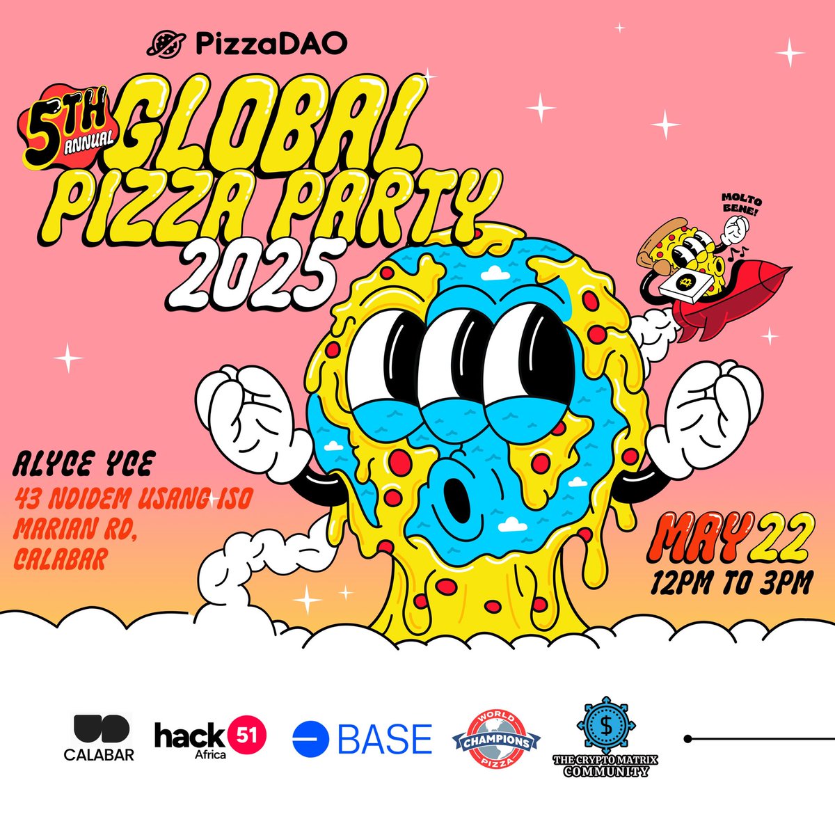 It started with 10,000 BTC and two boxes of pizza
Now, it’s a global celebration!

Excited to be a partner of <a href="/Pizza_DAO/">PizzaDAO.eth 🍕🏴‍☠️</a> for Global Pizza Party 2025

🗓️May 22nd, 2025
🕛12pm
📍Alyce Yce, Marian, Cal

Come and enjoy good vibes, people, and PIZZA.

Register: bit.ly/global-pizza-p…