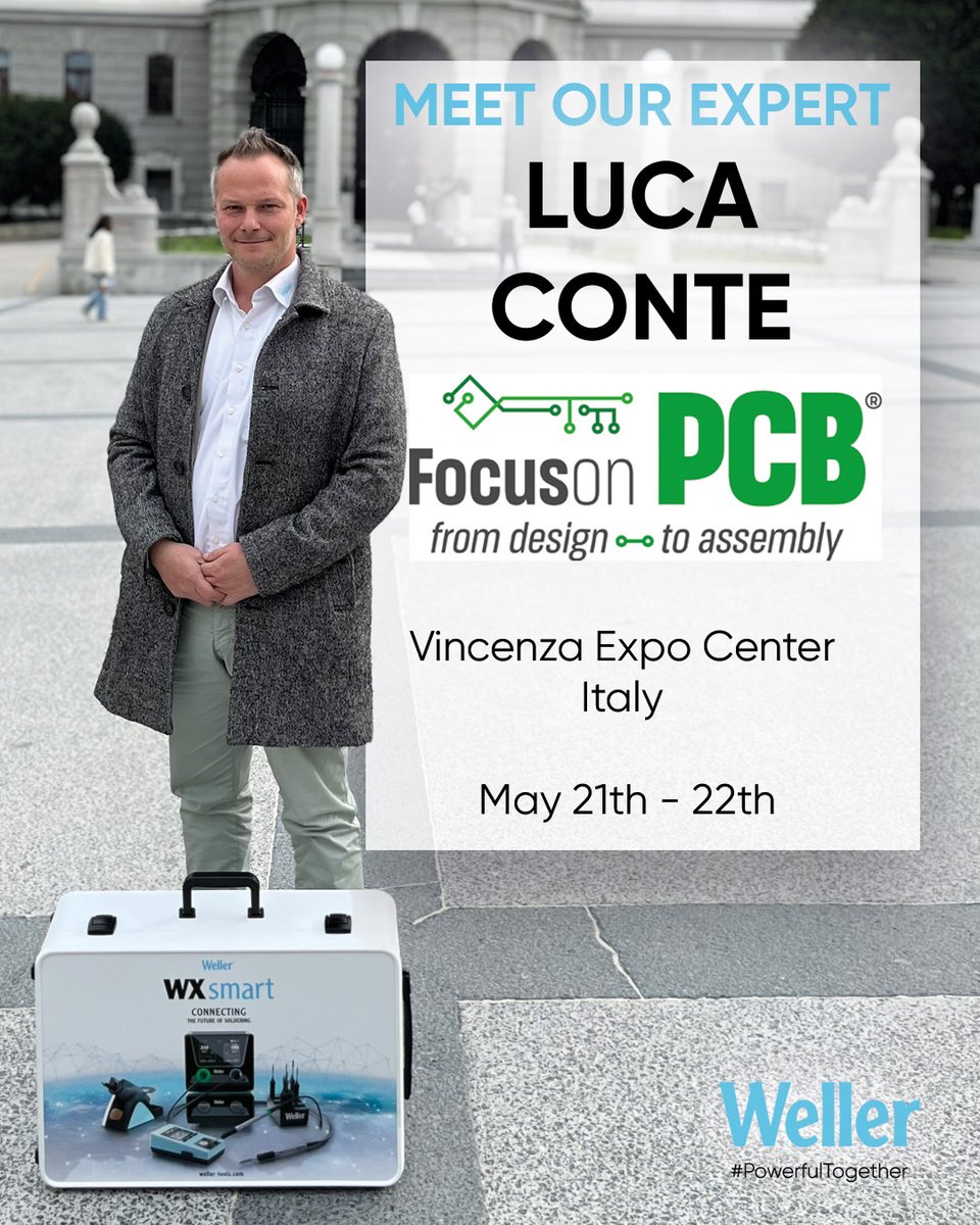 WellerTools's tweet photo. Meet our #expert Luca Conte, Market Development Manager South Italy, at #FocusonPCB in #Vicenza! Catch him at the #IPC #HandSoldering #Competition, May 21–22, 2025. Don’t miss #Italy’s Regional Qualification! #PowerfulTogether https://t.co/Hmi2haP5ev