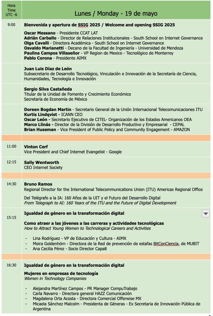 Programa día 1 <a href="/SSIGLAC/">SSIGLAC</a> 2025 México, Campus Santa Fe TEC de Monterrey 
Podés seguir todo el programa desde el canal de YouTube en dos idiomas: Español acortar.link/krSf7P e Inglés acortar.link/5fHQS7Te esperamos!!