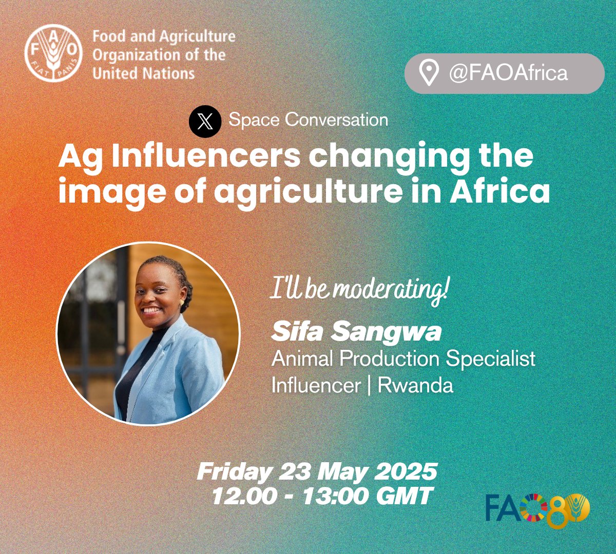 FAO in Africa (@faoafrica) on Twitter photo How are Ag Influencers reshaping agriculture in Africa?
Find out in this power-packed X Space hosted by <a href="/FAOAfrica/">FAO in Africa</a>.
<a href="/SangwaSifa/">Sangwa Sifa Florence</a> will be moderating
Fri 23 May | 12: 00ā13:00 GMT
Register now: bit.ly/3F9m9cQ How are Ag Influencers reshaping agriculture in Africa?
Find out in this power-packed X Space hosted by <a href="/FAOAfrica/">FAO in Africa</a>.
<a href="/SangwaSifa/">Sangwa Sifa Florence</a> will be moderating
Fri 23 May | 12: 00ā13:00 GMT
Register now: bit.ly/3F9m9cQ