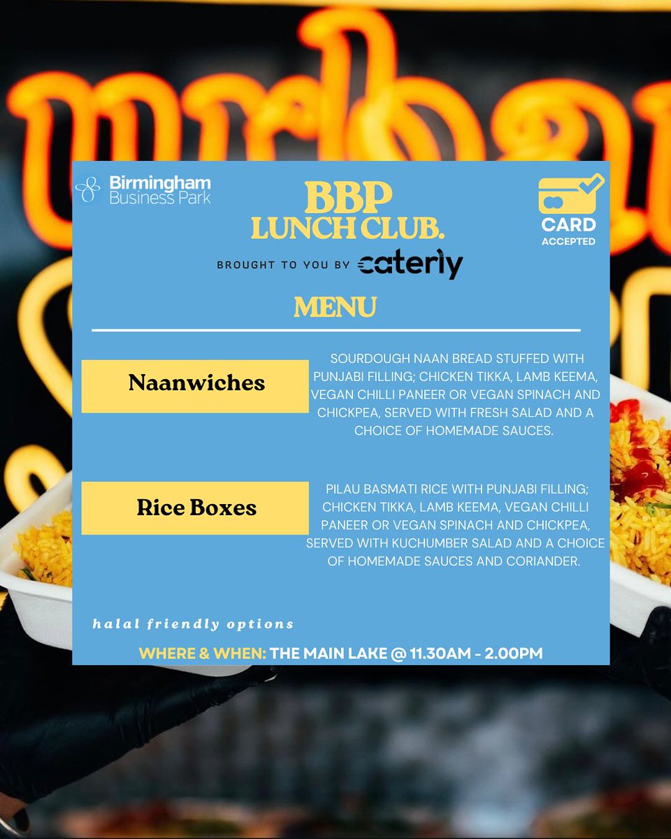 Birmingham Business Park (@birmingham_bp) on Twitter photo Crowd favourites <a href="/urbanspicebox/">Urbanspicebox</a> are back again this week doing what they do best (naanwiches and rice boxes)
They’ll be serving 11:30-2pm at the Main Lake! 😋 Crowd favourites <a href="/urbanspicebox/">Urbanspicebox</a> are back again this week doing what they do best (naanwiches and rice boxes)
They’ll be serving 11:30-2pm at the Main Lake! 😋