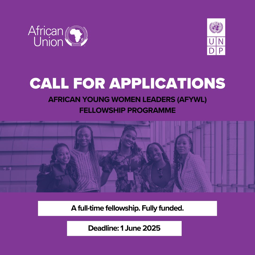 UNDPCareers's tweet photo. 🌏 A career with global impact is in your hands! - We invite you to apply to the 4th Cohort of the UNDP African Young Women Leaders (AfYWL) Fellowship Programme
📆1 June 2025 :
☑https://t.co/6YiL4c5QUX
#JoinALifeChangingMission #UNDPCareers #AfricanWomenLeaders https://t.co/wNwCpxFEns