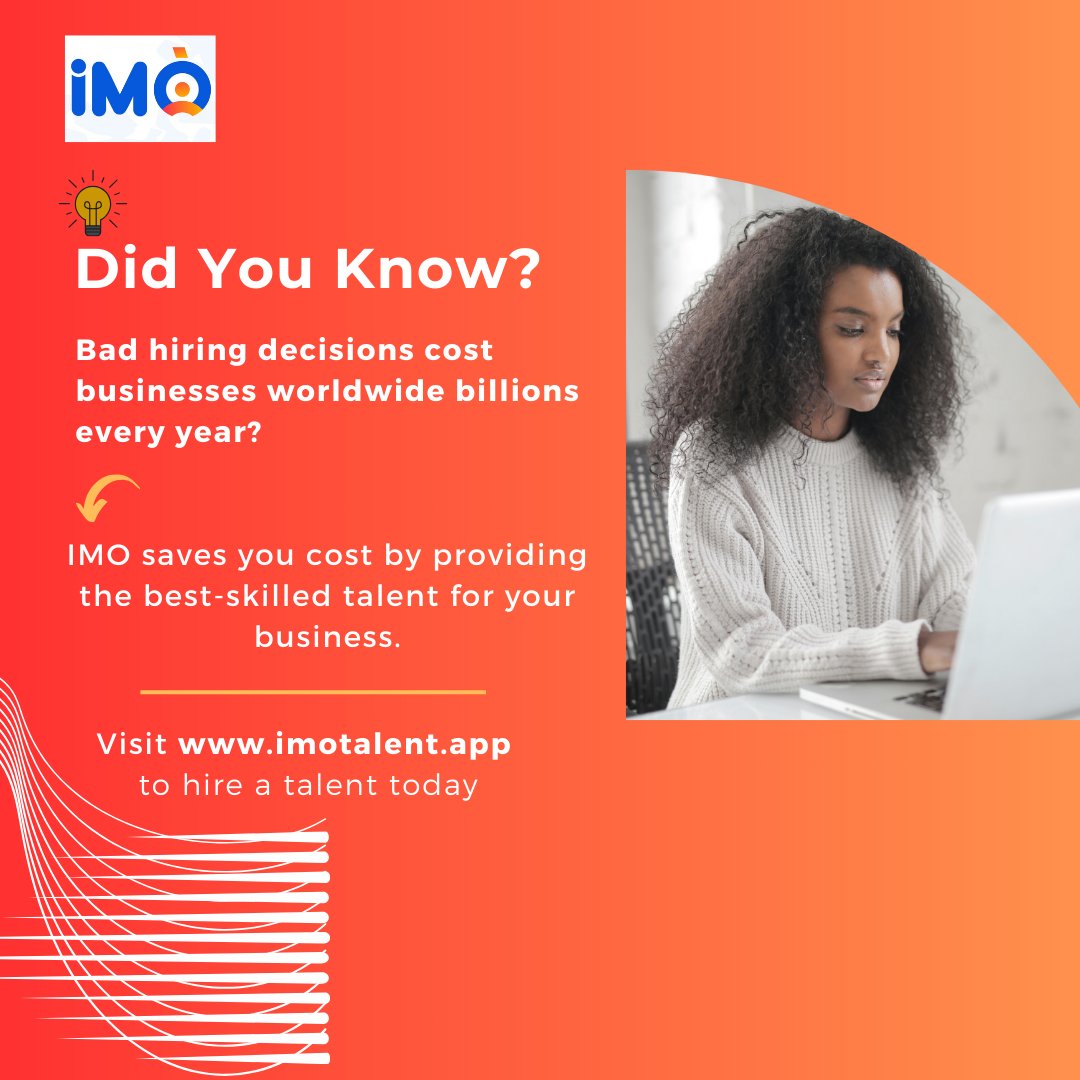 imointerns's tweet photo. A wrong hire can be a costly mistake. IMO helps you get it right from the start.

Let’s make your next hire the easiest one yet.
Visit https://t.co/zzemxiDJ5w  to get started. 

#thinkglobal #thinkAfrica #thinkIMO #ImoTalent  #RemoteHiringMadeEasy #FastHiring  #BetterDecisions https://t.co/pH2egS7prc