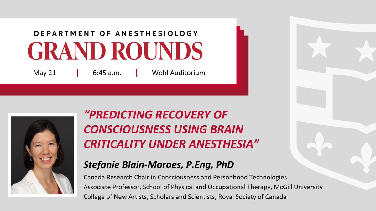 WashU Medicine Anesthesiology (@washuanesthesia) on Twitter photo This week's Grand Rounds features <a href="/BlainMoraes/">Stefanie Blain-Moraes</a> from <a href="/McGillRehab/">McGill Physical & Occupational Therapy</a>. Details below ⬇️
📆 Wednesday, May 21
⏰ 6:45 a.m.
🔬 "Predicting recovery of consciousness using brain criticality under anesthesia"
📍 Wohl Auditorium & Zoom
anesthesiology.wustl.edu/events/event/g… This week's Grand Rounds features <a href="/BlainMoraes/">Stefanie Blain-Moraes</a> from <a href="/McGillRehab/">McGill Physical & Occupational Therapy</a>. Details below ⬇️
📆 Wednesday, May 21
⏰ 6:45 a.m.
🔬 "Predicting recovery of consciousness using brain criticality under anesthesia"
📍 Wohl Auditorium & Zoom
anesthesiology.wustl.edu/events/event/g…