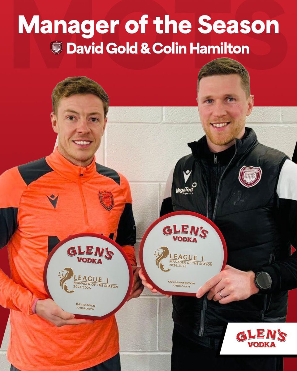 𝐆𝐥𝐞𝐧𝐬 𝐒𝐏𝐅𝐋 𝐋𝐞𝐚𝐠𝐮𝐞 𝐎𝐧𝐞 𝐌𝐚𝐧𝐚𝐠𝐞𝐫𝐬 𝐨𝐟 𝐭𝐡𝐞 𝐒𝐞𝐚𝐬𝐨𝐧

We are delighted to announce that our co managers Colin Hamilton and David Gold have been named as Glens Scottish League One Managers of the Season. 

#ArbroathFCLive #MonTheLichties #Resurgence