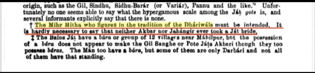 A glossary of the tribes and castes of the Punjab.. में जहाँ इसका जिक्र है उसी के footnotes में साफ़ लिखा है- "It is hardly necessary to say that neither akbar nor jahangir ever took a Jat bride"
अकबर की जीवनी में उसकी wife और उनकी जाति साफ़ लिखी हैं!
#गँवार_नेहा 
#जाट_समाज