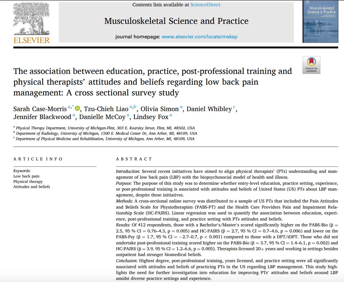 MSKPhysioJnl's tweet image. 📚 buff.ly/N8asA7Q Study reveals that post-professional training and experience help physical therapists align with the #biopsychosocial model in #LowBackPain management. 💡