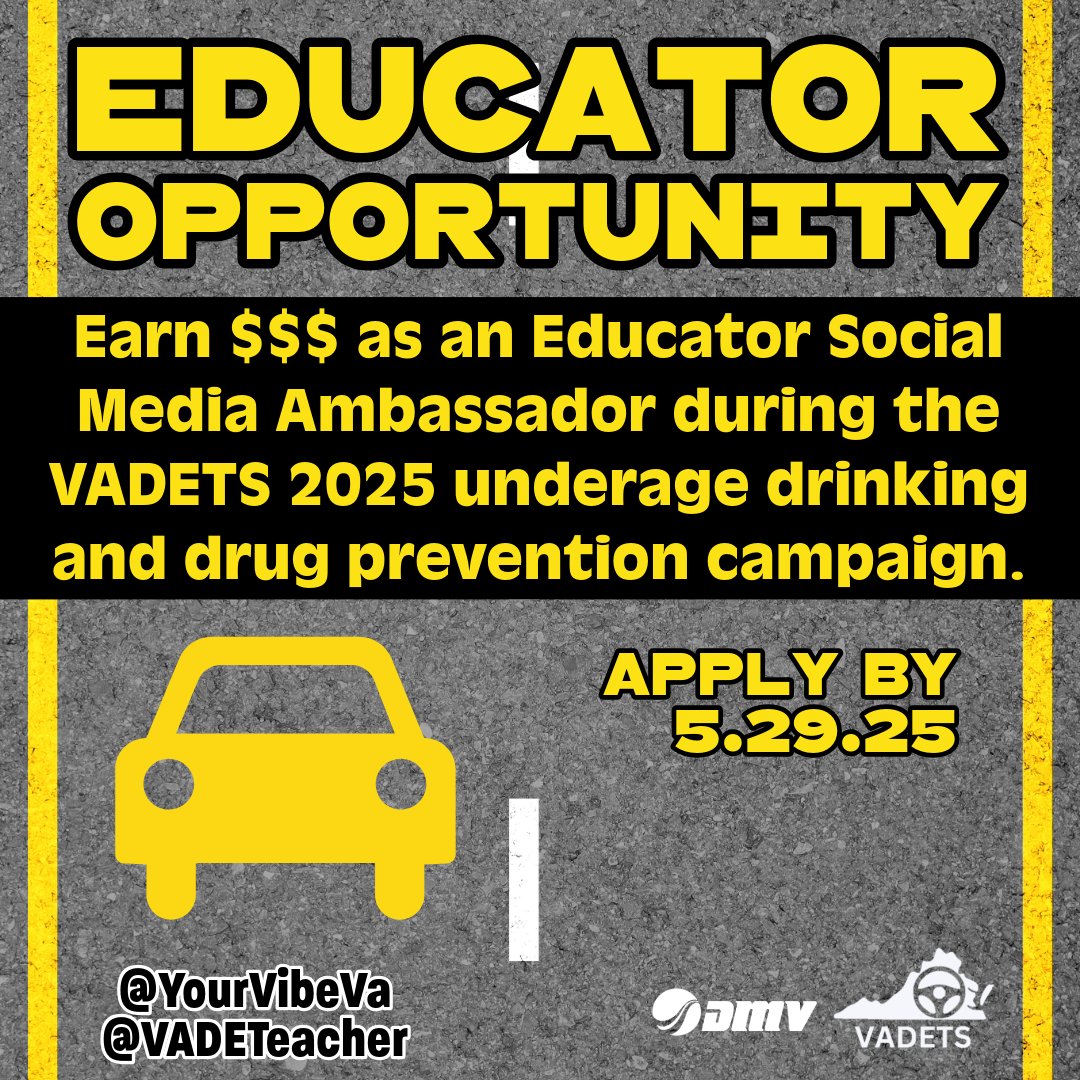 Educator Opportunity!!!
Earn $$$ as an Educator Ambassador during our VADETS 2025 underage drinking and drug prevention campaign.
Sign-up by 5/292/25!
Apply Here ➡️bit.ly/3GT7N0F