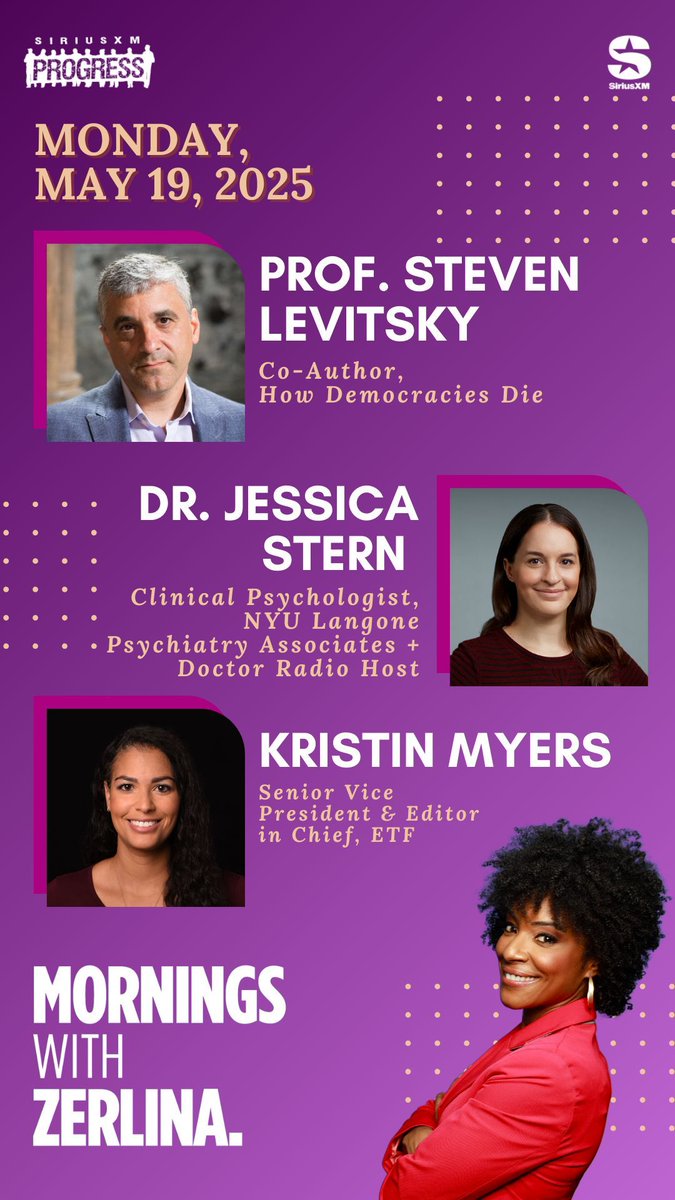 ZerlinaMornings.bsky.social (@zerlinamornings) on Twitter photo Hello Monday! Joining Zerlina this AM: 'How Democracies Die' Co-Author Steven Levitsky, Clinical Psychologist & <a href="/NYUDocs/">Doctor Radio</a> Host <a href="/DrJessicaBStern/">Jessica B. Stern, PhD</a> + <a href="/etfcom/">etf.com</a> Senior Vice President & Editor in Chief <a href="/KristinReports/">Kristin Myers</a>!
βοΈ 866-997-4748
π» <a href="/SiriusXMProg/">SiriusXMProg.bsky.social</a> Ch. 127
siriusxm.us/Zerlina Hello Monday! Joining Zerlina this AM: 'How Democracies Die' Co-Author Steven Levitsky, Clinical Psychologist & <a href="/NYUDocs/">Doctor Radio</a> Host <a href="/DrJessicaBStern/">Jessica B. Stern, PhD</a> + <a href="/etfcom/">etf.com</a> Senior Vice President & Editor in Chief <a href="/KristinReports/">Kristin Myers</a>!
βοΈ 866-997-4748
π» <a href="/SiriusXMProg/">SiriusXMProg.bsky.social</a> Ch. 127
siriusxm.us/Zerlina
