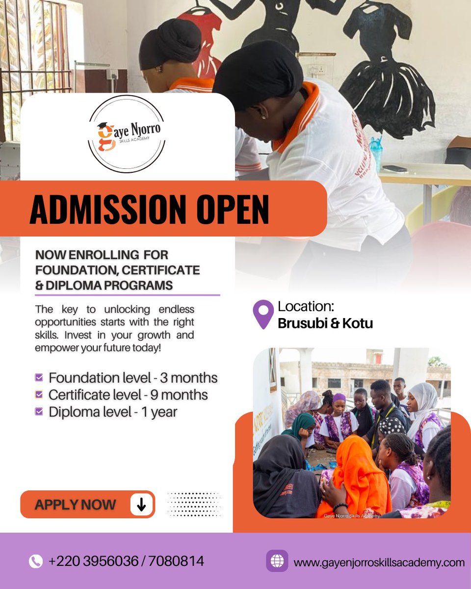 gayenjorrofoun1's tweet photo. 💡New Week, New Skills, New You!

Join our Foundation, Certificate, and Diploma Programs now available in Brusubi & Kotu!

What You Will Learn:
✂️ Measurements 

🧵 Basic Sewing & Cutting 

📐 Pattern Modification

💼 Entrepreneurship Skills 

🔸Register now and start your journey to empowerment!