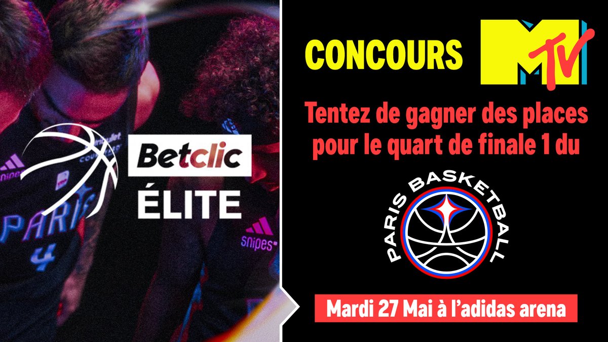 RT + Follow <a href="/MTVFR/">MTV France</a> pour tenter de remporter 2 places 🏀 pour le quart de finale 1 du Paris Basketball en Betclic Elite, le mardi 27 mai à l'adidas arena !

Tirage au sort et résultat du #concours le 23/05.