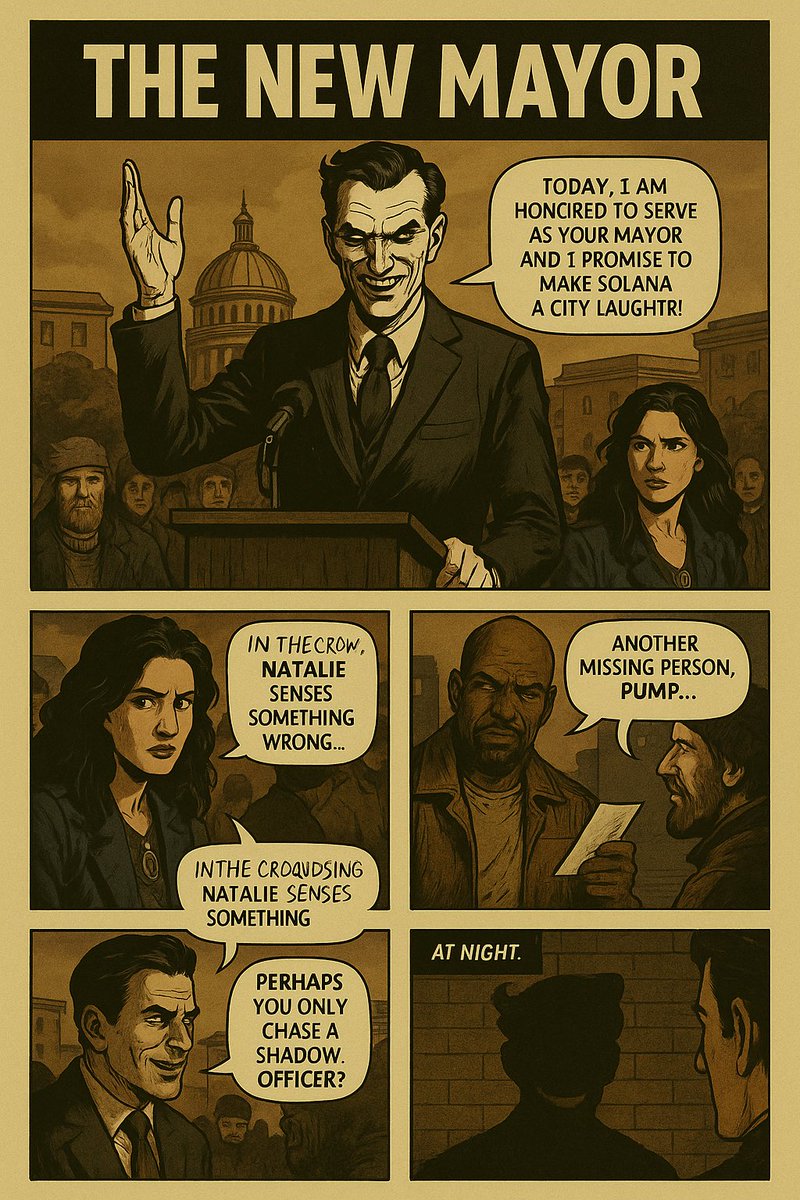 prymara_coin's tweet photo. Solana sleeps.
Mr. Grim smiles.
But PUMP is watching.
And Natalie’s amulet glows…
Not every danger shouts.
Some smile first.
#PRYMARA #MrGrim #CryptoComics #SolanaCity #DarkLore
#HoldPRYM #Web3Saga #MemeCoinStory #NFTComics #ComicVerse
#ComicArt
#ComicBookStyle
#ComicPage
#DigitalComics
#ComicIllustration
#CinematicComics
#GraphicNovel
#StoryDrivenArt
#DarkComics
#ComicUniverse
#ComicPanel
#RealisticComics
#IndieComics
#VisualStorytelling
#SequentialArt
#ComicArtist
#Web3Comics
#AIComics
#NarrativeArt
#ComicsOfInstagram