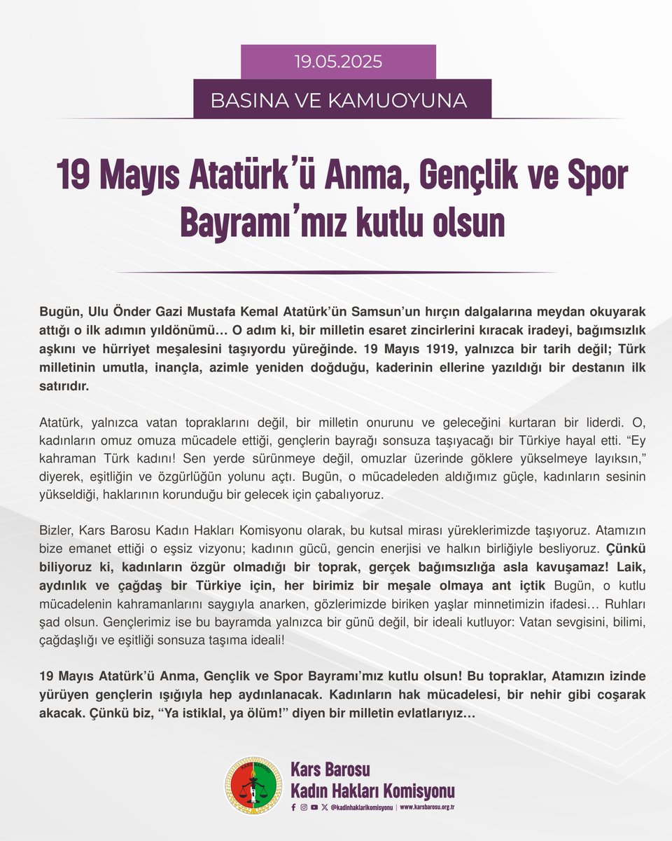 📍19 Mayıs Atatürk’ü Anma, Gençlik ve Spor Bayramı kutlu olsun!

Atamızın izinde yürüyen gençler ve eşitlik mücadelesi veren kadınlar yolumuzu aydınlatıyor.
“Ya istiklal, ya ölüm!”

#19Mayıs #GençlikveSporBayramı

<a href="/KarsBarosu/">Kars Barosu</a> <a href="/karsbarosuKHK/">Kars Barosu Kadın Hakları</a> <a href="/NecatYagci/">Av.Necat YAĞCI</a>