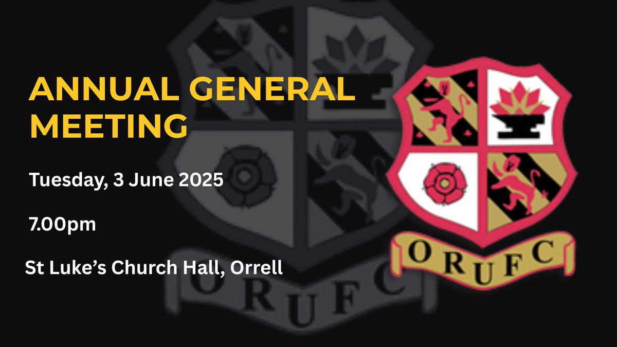 📣 Our Club AGM is on Tues 3rd June, 7.00pm
📍 St Luke’s Church Hall, Orrell
Have your say, hear the latest, and help shape the Club’s future 🏉
All welcome 💛🖤 #OrrellRugby #AGM2025 #GrassrootsRugby