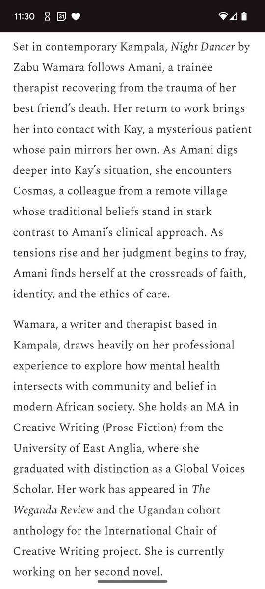 Her prizewinning literary work ~ Night Dancer ~ explores how mental health intersects with community and  belief in modern African society. 2/2