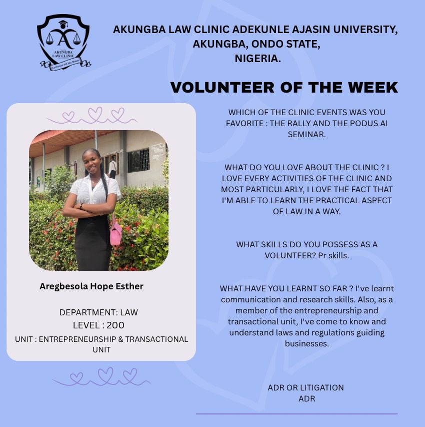 Akungbaclinic's tweet photo. *Meet  Our Volunteer Of The  Week*

*Aregbesola Hope Esther*
*a 200level law student* 🤩🤩

_Your contribution and dedication to the clinic has not gone unnoticed_.

_We appreciate your commitment to the Akungba Law Clinic_.

Help us celebrate her  🎉 https://t.co/ZndileFwwD