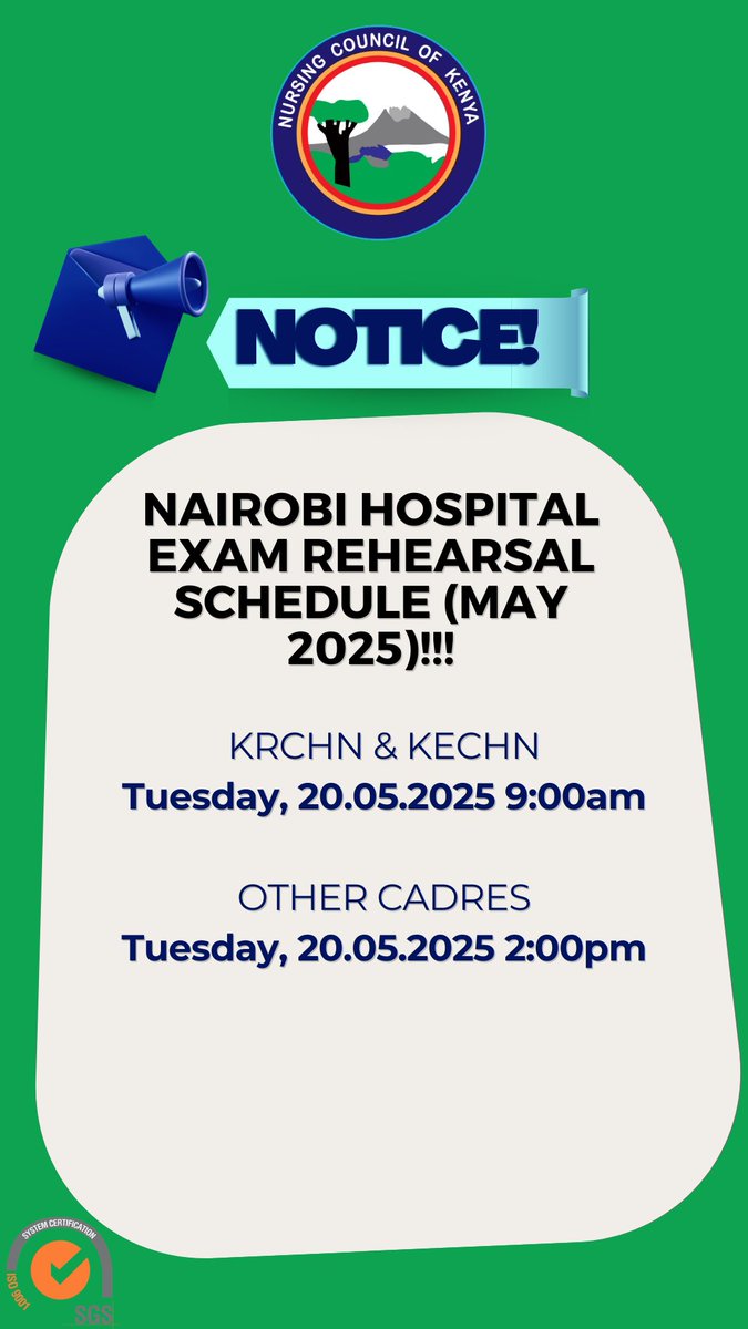 Dear Candidate,
Rehearsal at the Nairobi Hospital &amp; Eldoret Polytechnic Center will take place in batches. Your rehearsal schedule is Tuesday, 20.05.2025 8:00am - 11:00am. Kindly conduct yourself accordingly and with decorum within the premises.#NCKExams